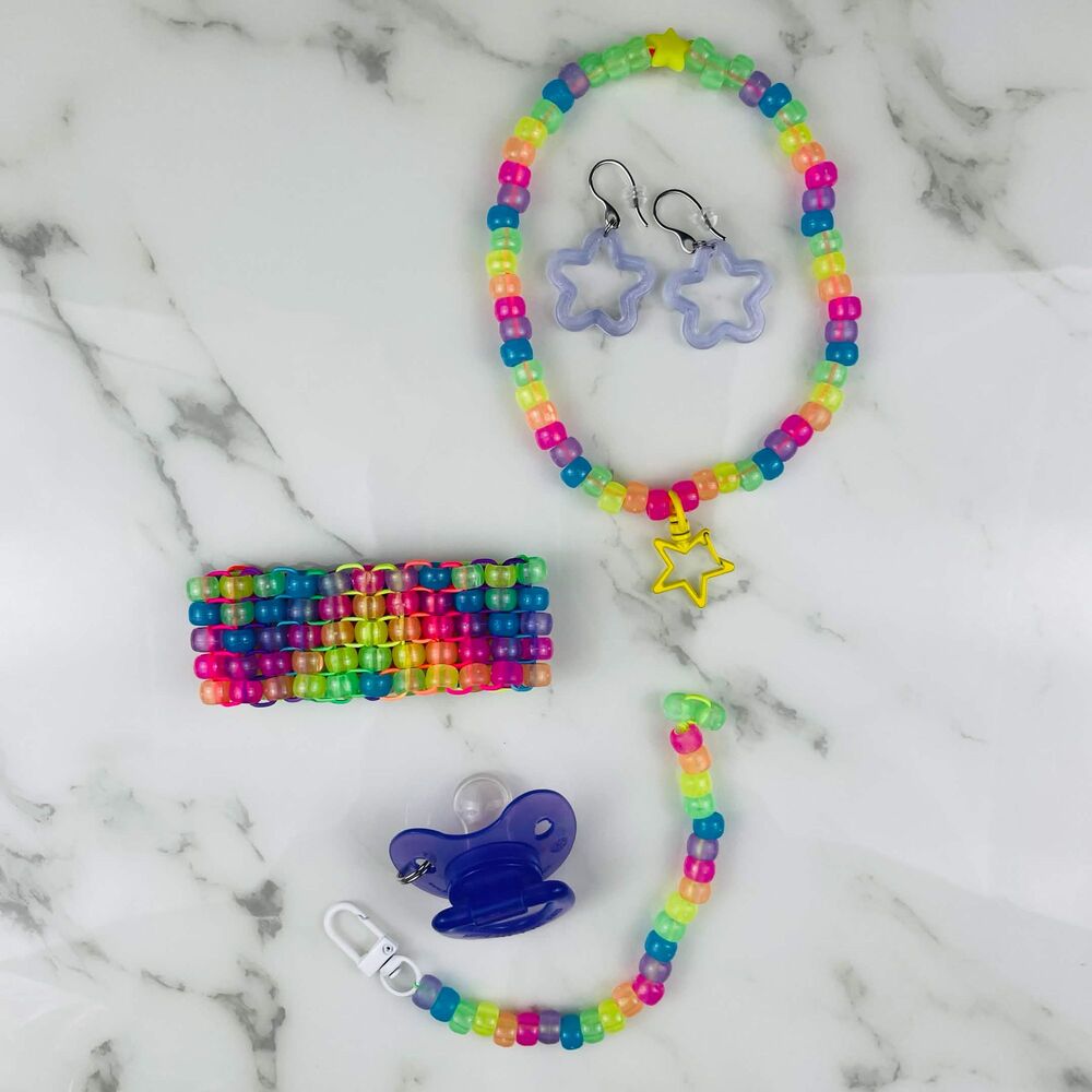 (Sour Patch) glow Rainbow kandi Rave 6pc cuff choker earrings binky & cord blue